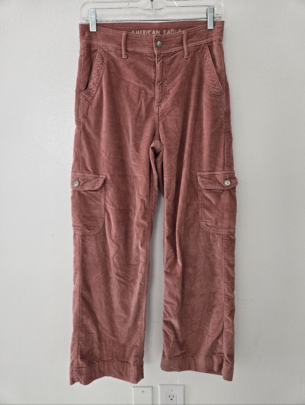 American Eagle  Corduroy Cargo Pants Dusty Pink Size 0R Y2K Wide Leg - Picture 4 of 16